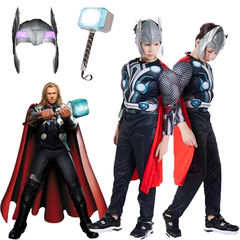 Marvel Thor เครื่องแต่งกายสําหรับเด็ก Boy กล้ามเนื้อ Superhero บอดี้สูทเสื้อคลุม Led หน้ากากค้อนฮาโลวีนคอสเพลย์ Jumpsuit Carnival ของเล่นของขวัญชุด