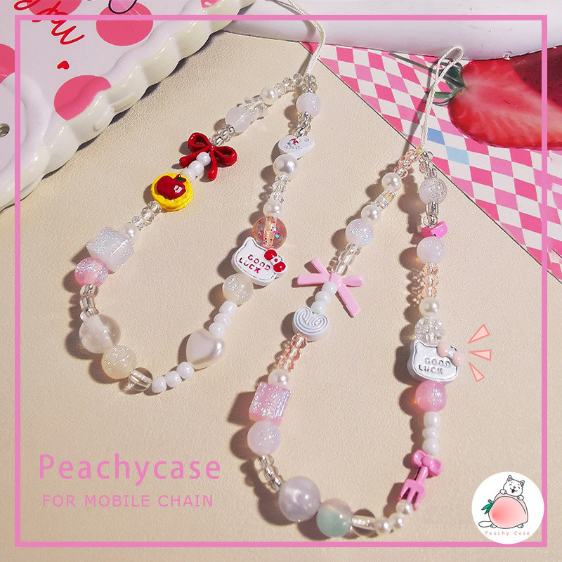 น่ารัก Bowknot Apple Hello Kitty คริสตัลลูกปัด Universal โทรศัพท์มือถือโซ่กล้องเชือกเส้นเล็กอุปกรณ์ตกแต่ง Anti-Lost สายรัดข้อมือพวงกุญแจ