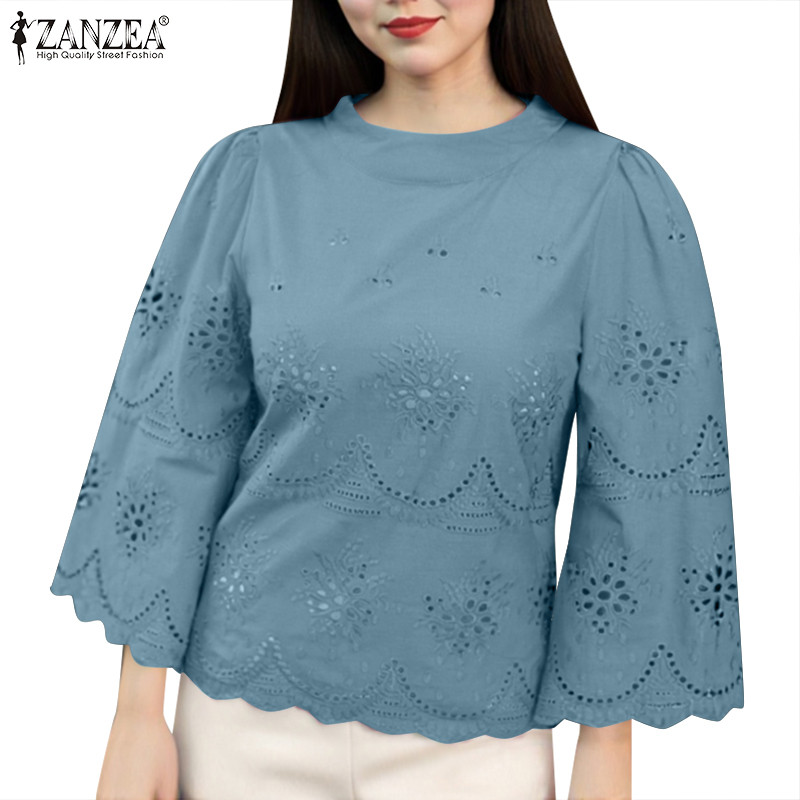 ZANZEA ใส่ ซานเซีย เกาหลีสบายๆรอบคอฟองแขนประกบลูกไม้คลื่นขอบกลวงเสื้อหลวม