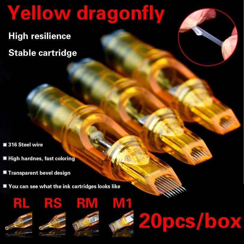 YAILONG สีเหลือง 15/20 ชิ้น Dragonfly RL RM RS M1 ทิ้งถาวรเข็มสักชุด (20 ชิ้น/กล่อง) สําหรับเครื่องสักโรตารี่