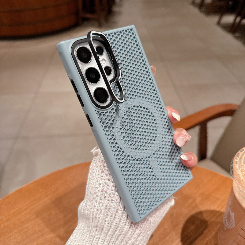Hollow ตาข่ายรู Cooling โลหะแม่เหล็กที่มองไม่เห็นเลนส์สําหรับ Samsung Galaxy S25 S24 S23 Ultra Plus ไร้สายชาร์จพลาสติกแข็งกันกระแทก