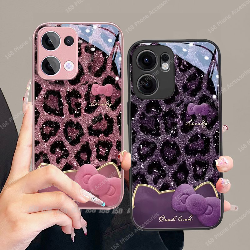 เคส OPPO Reno 13 14 15 13F 14F 15F เคส OPPO Reno 14 15 Pro Max 5G เคสกรณีสีสันแฟชั่นแวววาวเสือดาวพิมพ์โบว์คิตตี้แมวกันกระแทกกรณีหรูหราของเหลวแข็งแก้วปกสําหรับสาวผู้หญิงผู้หญิง