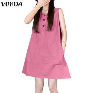 VONDA ชุดเดรสเดรสทรงเอแขนกุดคอกลมลําลองสําหรับผู้หญิงเกาหลี