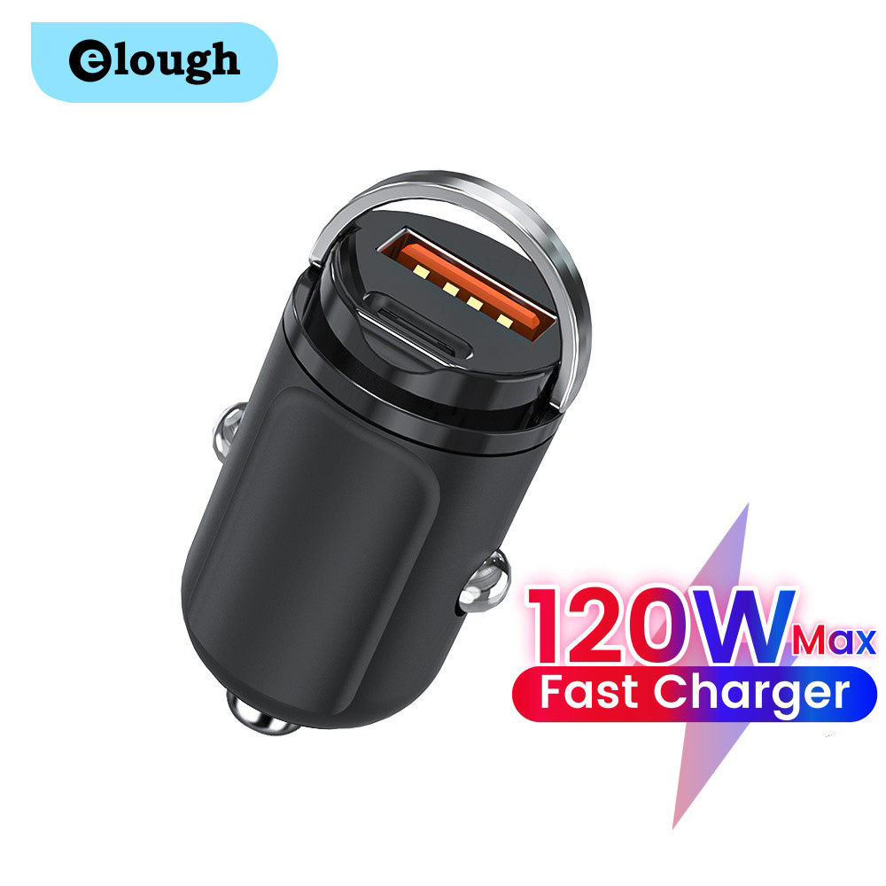 Elough 120W พอร์ตคู่มินิดึงแหวนเครื่องชาร์จ USB ชาร์จเร็วสุดอะแดปเตอร์ชาร์จโทรศัพท์ในรถยนต์