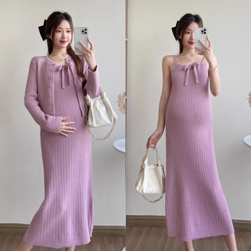 ชุดคลุมท้องกระโปรงสลิงผู้หญิงหญิงตั้งครรภ์สวมใส่ด้านนอกเสื้อคาร์ดิแกนสองชิ้นไวท์เทนนิ่งอ่อนโยน2025อารมณ์สไตล์ใหม่เวอร์ชั่นเกาหลีชุ