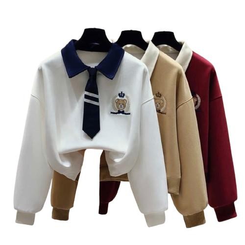 YOLO เสื้อสเวตเตอร์ คอปก แขนยาว  ดีเทลงานปักพร้อมเนคไท 90390 - รูปที่ 3