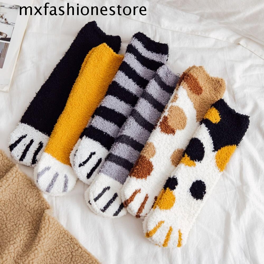Mxfashione 1 คู่ Cat Paw ถุงเท้าฤดูหนาว, นิ้วสัตว์ Thicken Coral ขนแกะถุงเท้าอุ่น, ถุงเท้าชั้น Soft Coral ขนแกะ Cat Paw Sleeping ถุงเท้าหญิง