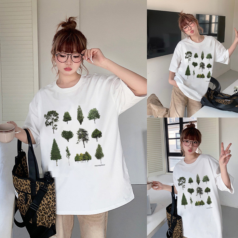 (จัดส่งตลอด 24 ชั่วโมง）Angle Official เสื้อยืดแขนสั้นทรงหลวมเกาหลี เสื้อโอเวอร์ไซส์พิมพ์ลายต้นไม้เรียบง่าย ผ้าคอตตอน100%