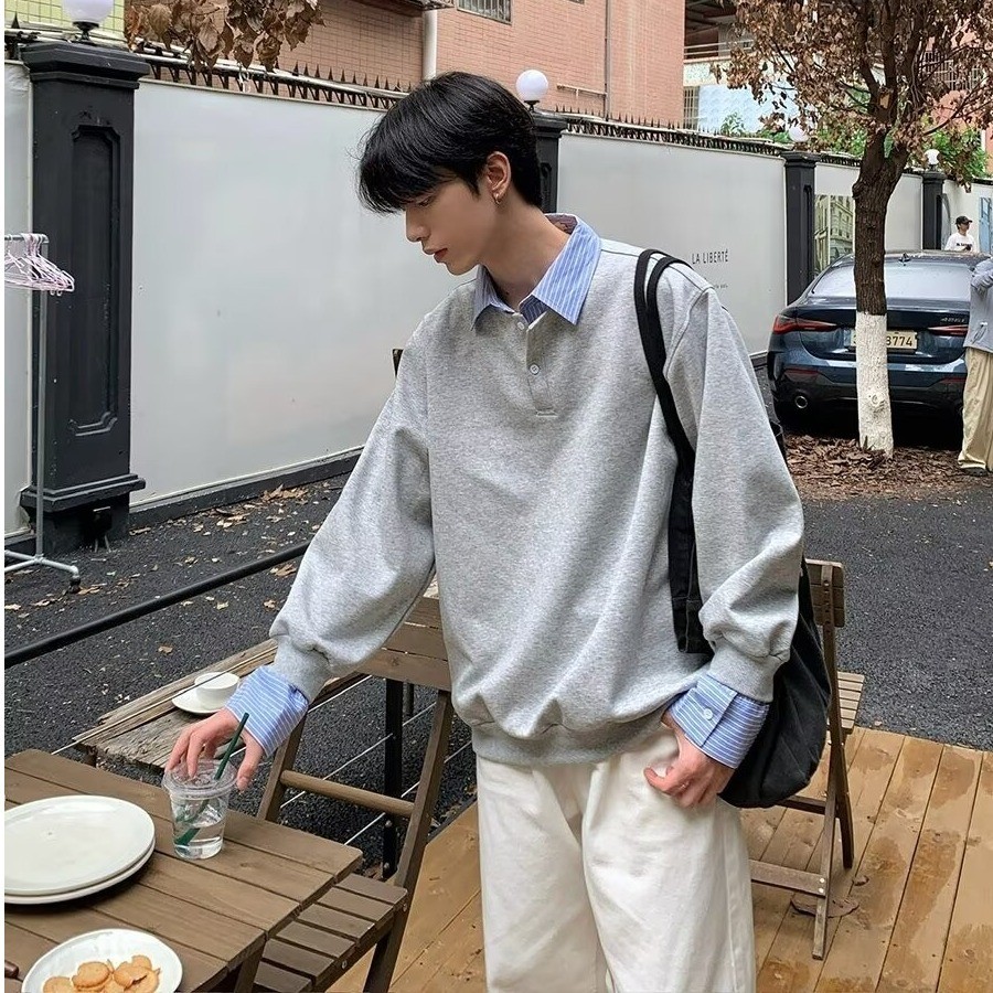 Youtang เสื้อโปโลแฟชั่นลําลองลายวินเทจสไตล์อเมริกันเย็บปลอมสองชิ้น
