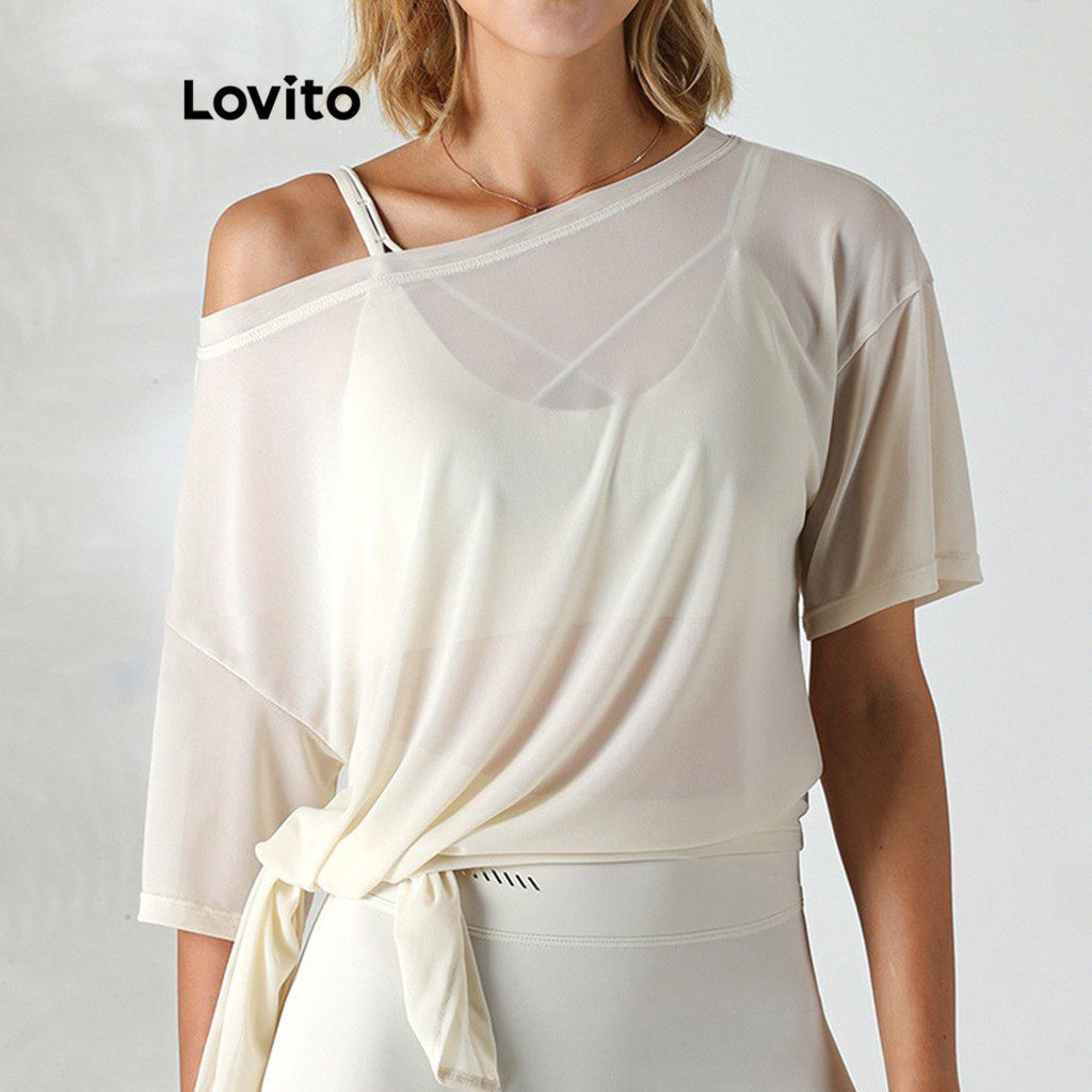 Lovito เสื้อยืดผู้หญิง สีพื้น สไตล์สปอร์ต LNL218