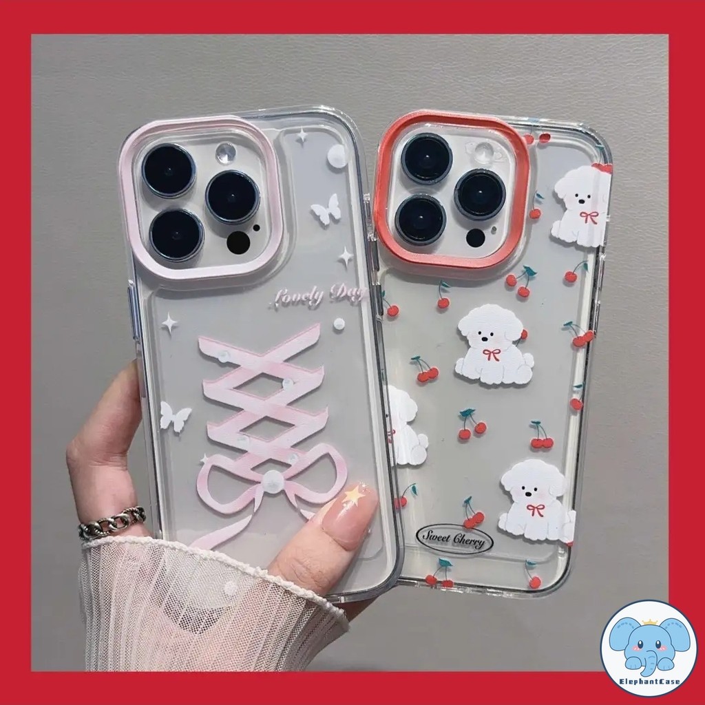 การ์ตูนลูกสุนัขเข้ากันได้เคสไอโฟน 11 13 12 15 14 Pro Max 11 12 13 Pro XR X XS Max 6 6s 7 8 Plus SE โบว์หวานเชอร์รี่เคส