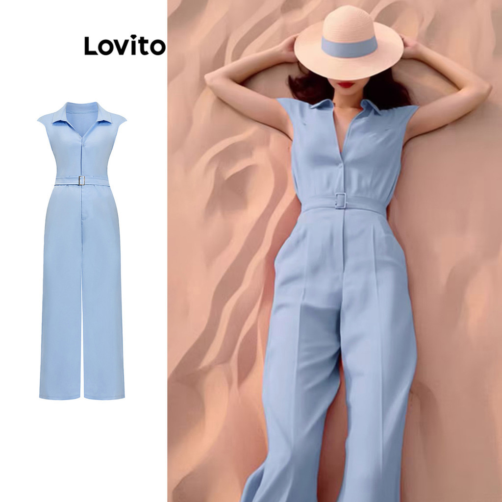 Lovito จั๊มสูทแบบมีเข็มขัดธรรมดาสำหรับผู้หญิง L95ED595