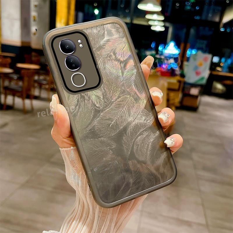Vivoy200 2024 Glitter Feather รูปแบบสําหรับ Vivo Y200 Y100 Y 200 Y19S Y18S Y17S VIVOY100 VIVOY19S 5G 4G โปร่งใสซิลิโคนนุ่มคู่เคสโทรศัพท์กล้องปกป้องปกหลัง