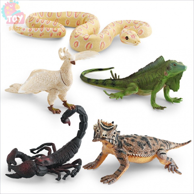 ของเล่นเพื่อการศึกษาสำหรับเด็กโมเดลสัตว์ป่าจำลองนกฟีนิกซ์สีขาวอีกัวน่าสีเขียวแมงป่องงูเหลือมเขาจิ้งจกตกแต่งตุ๊กตาเครื่องประดับ