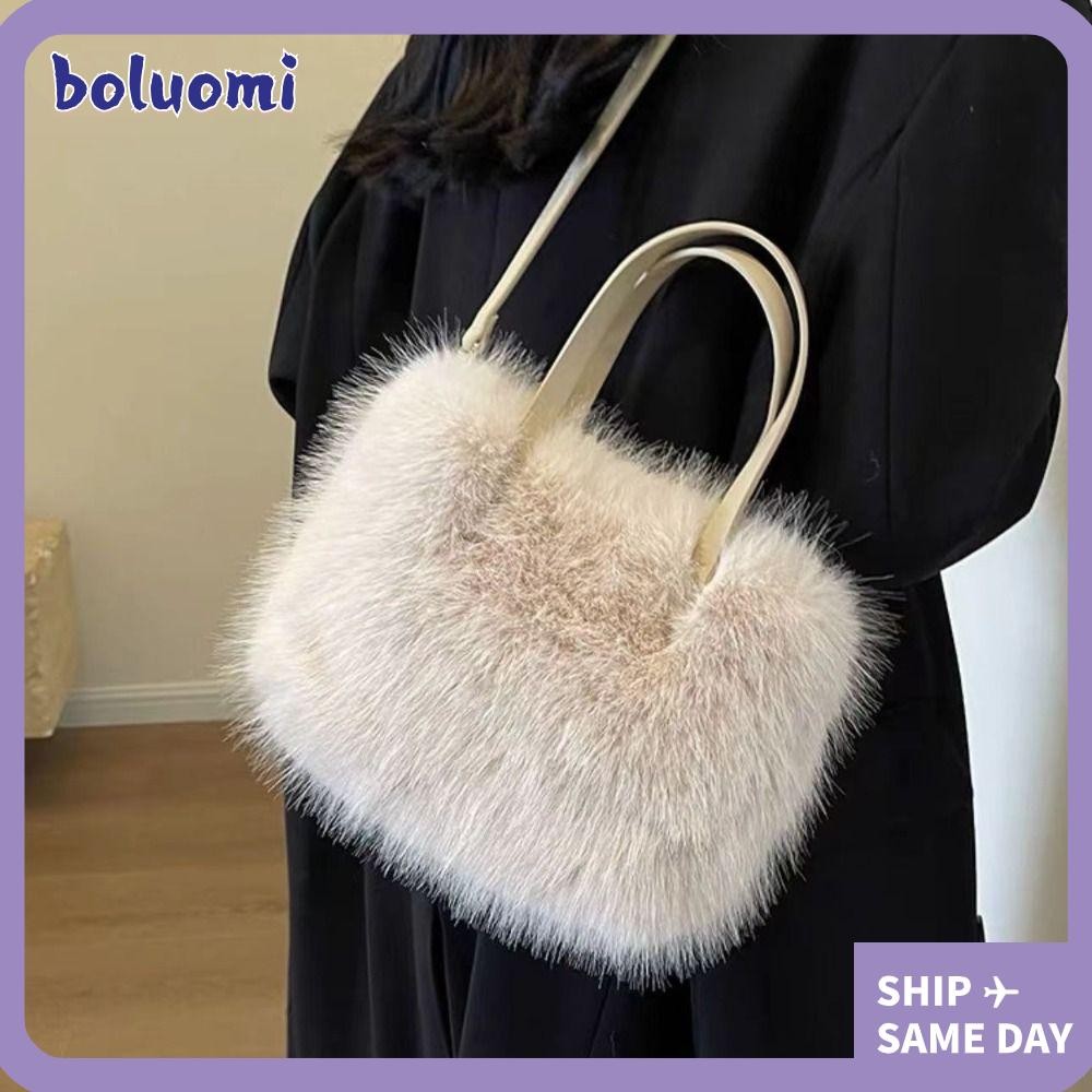 Bolumi กระเป๋าสะพายข้างหญิง,กระเป๋าสะพายสุภาพสตรีขนเทียมนุ่ม,แฟชั่นปุยสแควร์กระเป๋าถือตุ๊กตากระเป๋า