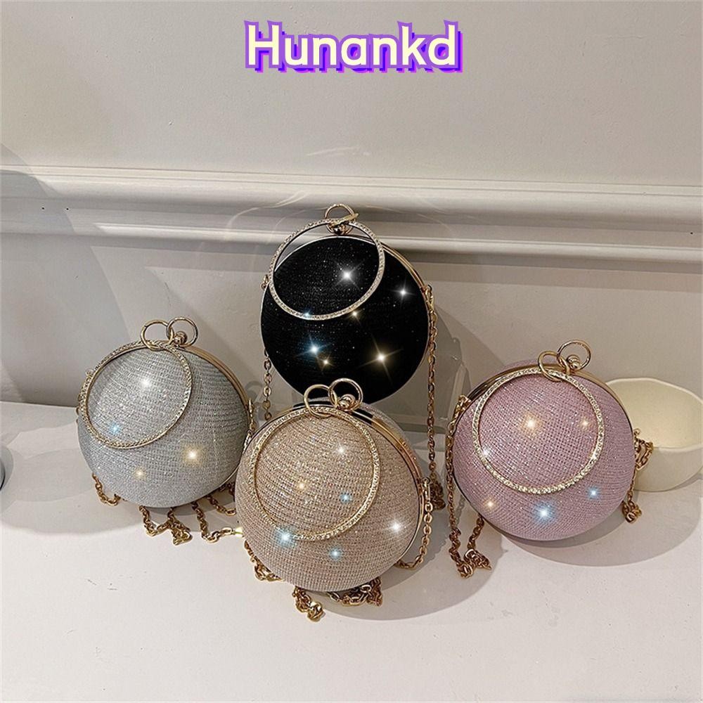 Huan กระเป๋าราตรี, Rhinestone วงกลมตกแต่งกระเป๋าสะพายโซ่,แฟชั่นทองผ้าไหมสดใสจัดเลี้ยงคลัทช์ผู้หญิงหญิง