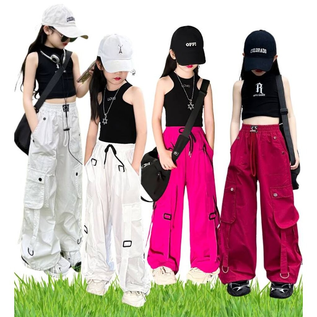 พร้อมส่ง กางเกงเด็ก คาร์โก้ สไตล์ Y2K ขากระบอกสีพื้น