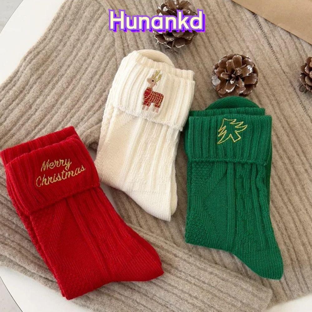 ถุงเท้าคริสต์มาส HUAN, ผ้าฝ้าย Merry Christmas ถุงเท้ากลางหลอด, ถุงเท้าถักอบอุ่นเย็บปักถักร้อยการ์ตูน