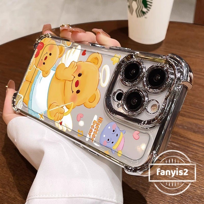 สําหรับ Infinix Hot 40Pro 50i 40i 30i สมาร์ท 9 8 7 5 Note40 30 Tecno Spark Go 2024 2023 ปลอกการ์ตูนเนยหมีเคสโทรศัพท์ชุบโปร่งใสสี่มุม Anti Fall ถุงลมนิรภัยฝาครอบ