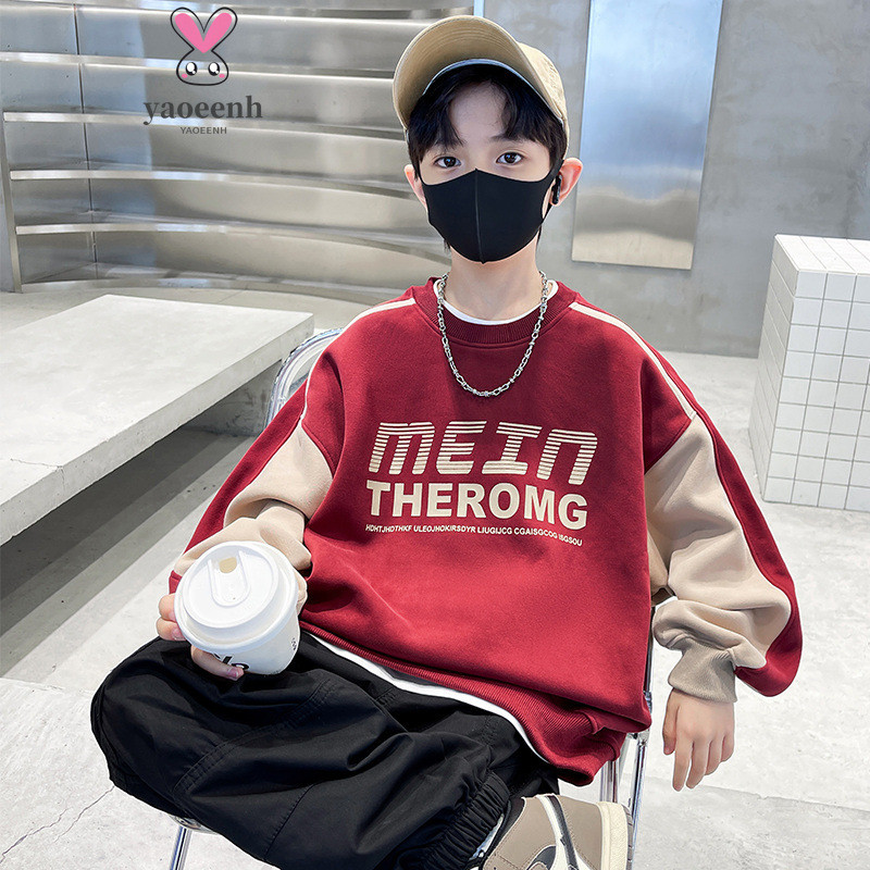 【YAOEENH】120-170เซนติเมตรเด็กชายหนาเสื้อกันหนาวขนาดกลางเด็กใหญ่บวกกํามะหยี่ที่เรียบง่ายจดหมายพิมพ์กีฬาด้านบนพร้อมสต็อกจัดส่งที่รวดเร็ว