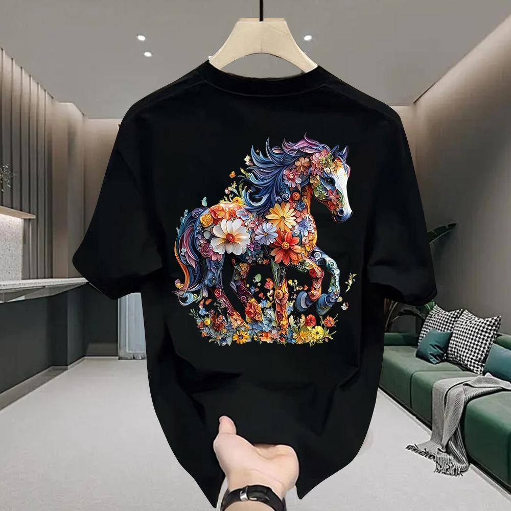 Basi เสื้อยืด oversize unisex สกรีนหน้าหลัง ลาย "Horse" ผ้าคอตตอน100% เนื้อผ้าเกรดพรีเมียม คอกลม ใส่สบาย