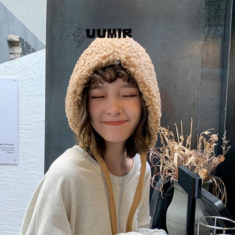 Uumir หมวกบีนนี่ฤดูหนาว, หมวกถักกันลมหนาอบอุ่น, สีทึบ Tie Up Lambswool หมวกป้องกันหู