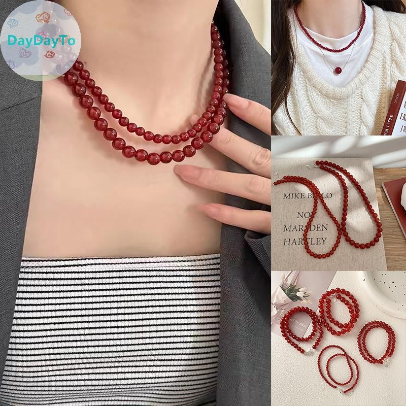Daydayto Vintage สีแดงลูกปัดสร้อยคอผู้หญิงสไตล์จีนลูกปัดแก้วสร้อยคอประณีต Elegant Choker ความงามเครื่องประดับ TH