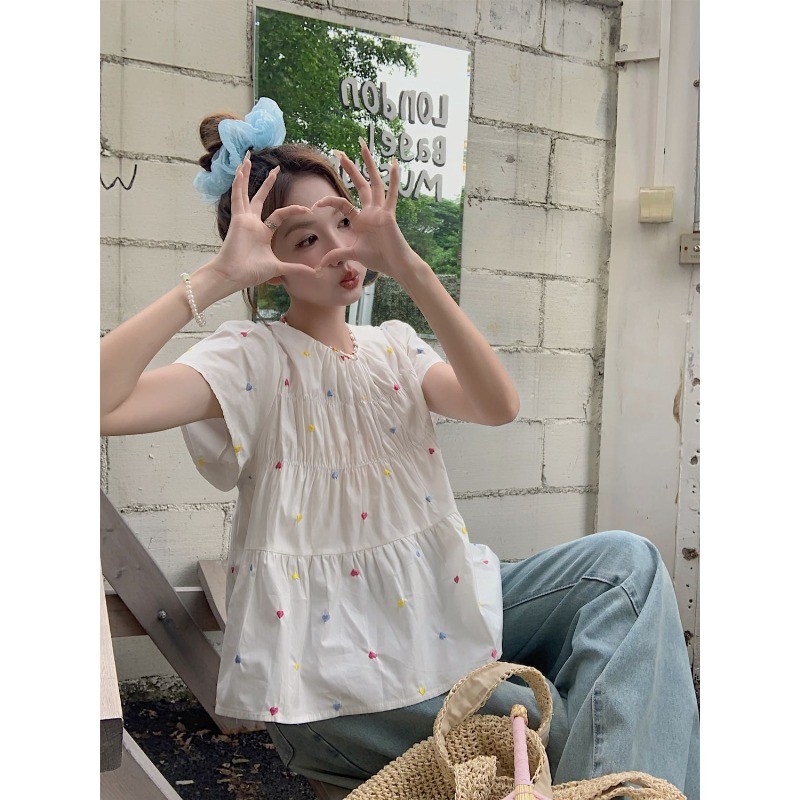 Micki~เวอร์ชั่นเกาหลี หัวใจแห่งความรัก เย็บปักถักร้อย แขนสั้น เสื้อเชิ้ต หลวม หวาน
