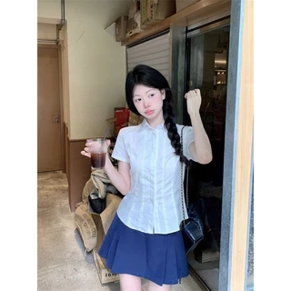 🧡LINNA🧡สีทึบ ลูกไม้ แขนสั้น เสื้อเชิ้ต ความเรียบง่าย เวอร์ชั่นเกาหลี แฟชั่น