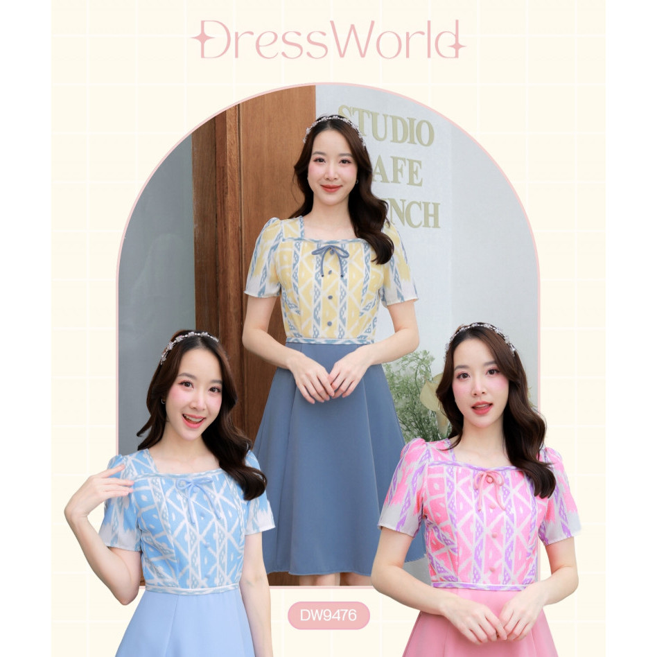 Fairyangelstore - เดรสคอเหลี่ยมลายไทยกระโปรงบาน (DW9476)