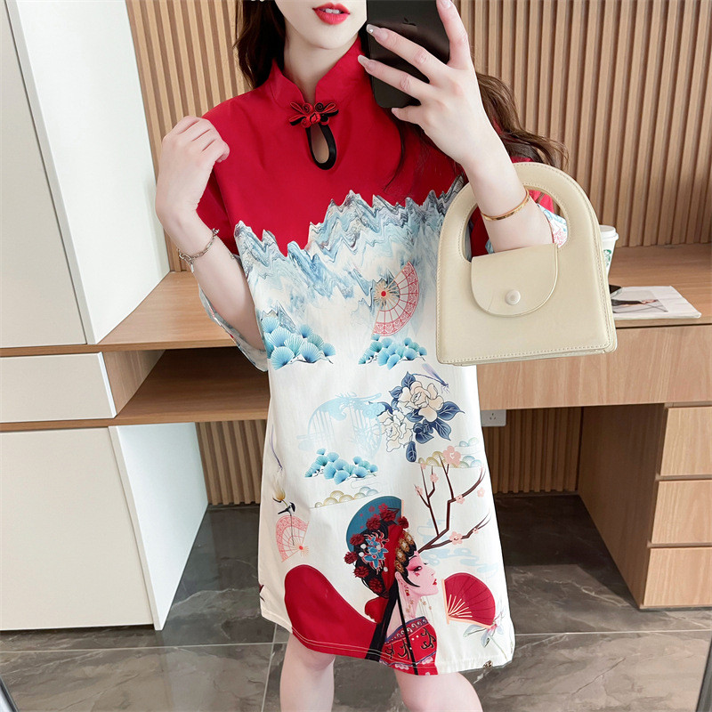 กี่เพ้าปีใหม่เสื้อยืดแขนสั้นฤดูร้อนกี่เพ้ารุ่นใหม่ปรับปรุงใหม่สไตล์สาธารณรัฐจีนชุดเดรสสำหรับสาววัยรุ่นอารมณ์5IIx