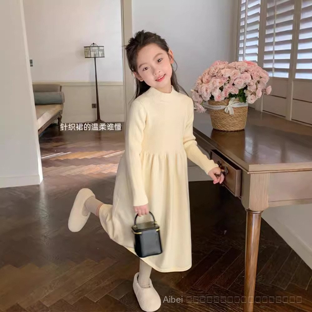 Girls 'woolen Dress 2024ใหม่เด็ก overknee ยาวชุด8snj