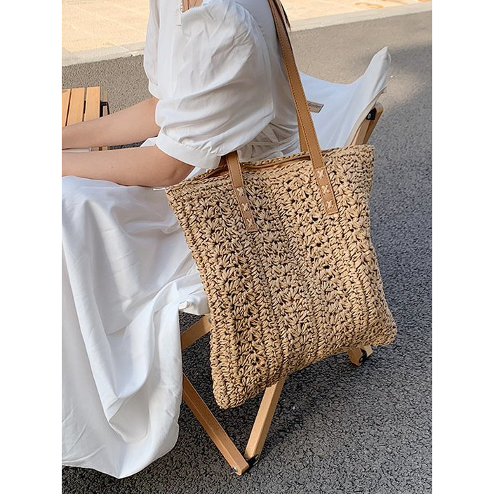 vivian bag กระเป๋าสานทรงสี่เหลี่ยม Tote bag สายหนัง ลายถักสวย P123