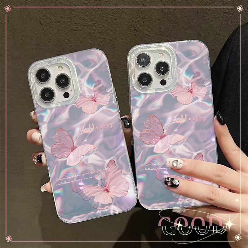 GOOD จากประเทศไทย เคส ไอโฟน ขนนกสีเงิน อ่อนนุ่ม TPU สำหรับ iPhone11 16 15 12 14 13 Pro Max 14PLUS/15PLUS ผีเสื้อสีชมพู