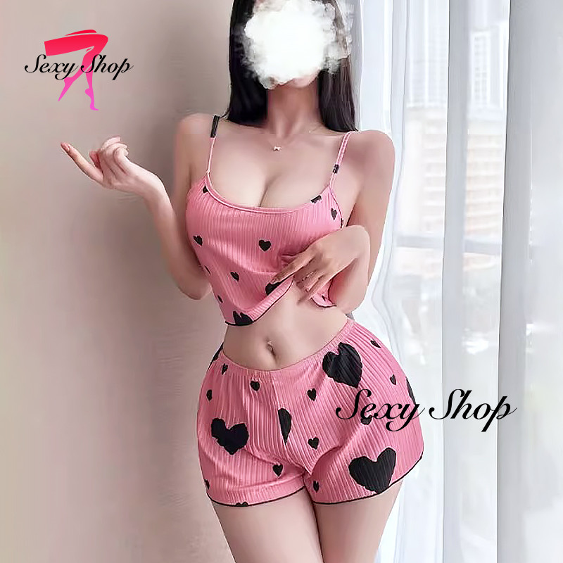 sexy ชุดนอนเซ็กซี่ ชุด2ชิ้น ผ้านิ่มเด้ง ลายหัวใจ ใส่สบาย ส่งจากไทย