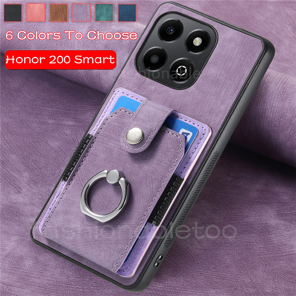 Matte หนังเคสโทรศัพท์สําหรับ Huawei Honor 200 Smart pro Lite Honor200Smart Honor200pro Honor200Lite ช่องใส่การ์ดกระเป๋าสตางค์วงเล็บแม่เหล็กแหวนวงเล็บรถกันกระแทกปกหลัง