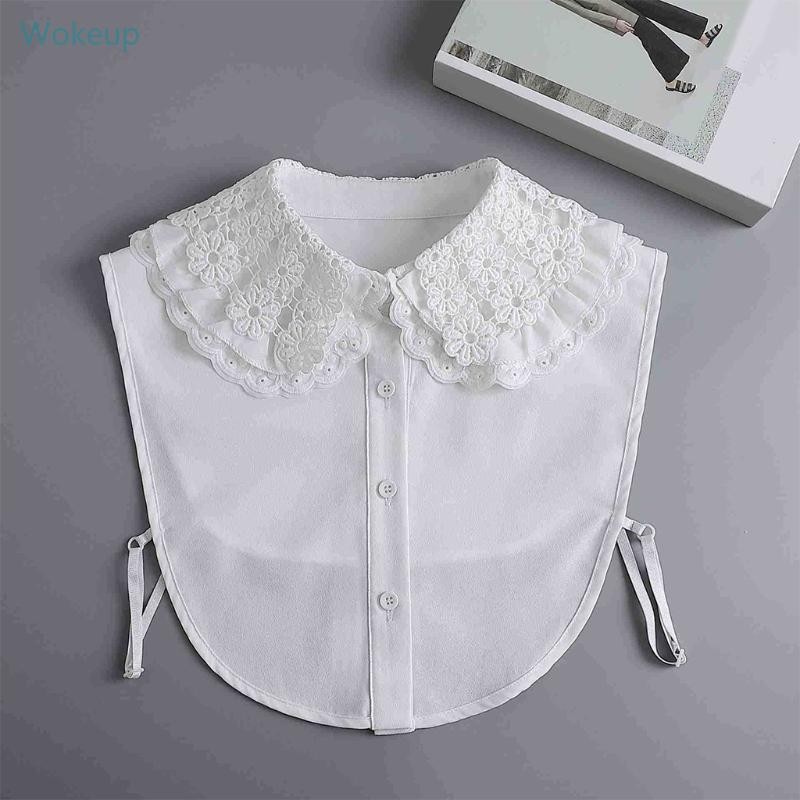 Wake ผู้หญิง Multi Layered Lapel Faux Collar Layering Vintage สําหรับตุ๊กตาสีขาวครึ่งเสื้อเสื้อ Dickey Hollow Out Embroider