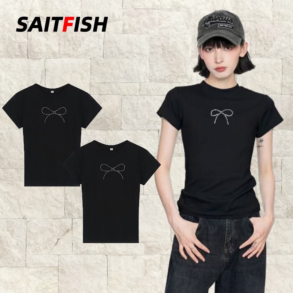 SaltFish พร้อมส่งจากกทม Y2K CROP TOP เสื้อยืดแขนสั้นคอกลมผู้หญิงสีขาว เสื้อครอปสั้นดัดโบว์เซ็กซี่