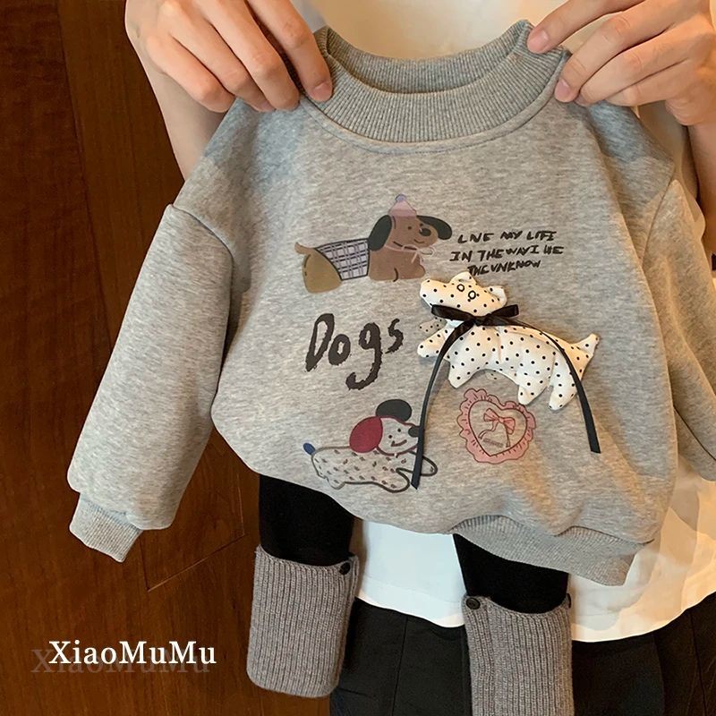 สาวขนแกะซับชุดเสื้อกันหนาวฤดูใบไม้ร่วงฤดูหนาว 2024 สไตล์ใหม่กลางเด็กเล็กเด็กทารกชิ้นเดียวขนแกะด้านบน เลกกิ้ง สอง-