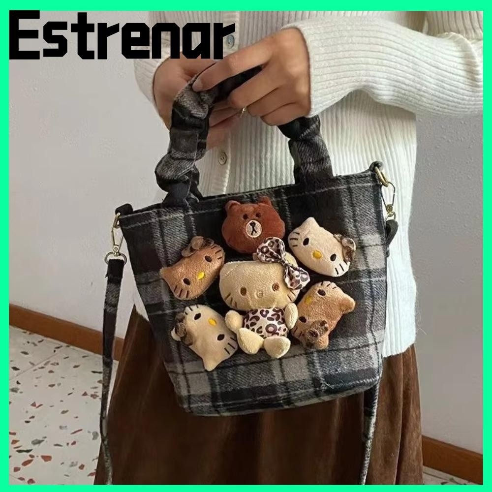 SANRIO กระเป๋าถือ ESTRENAR,การ์ตูนSanrioตุ๊กตาออกแบบCrossbodyกระเป๋า,แฟชั่นตารางลายขนาดใหญ่Cpaacityกระเป๋าสะพายไหล่สําหรับผู้หญิง
