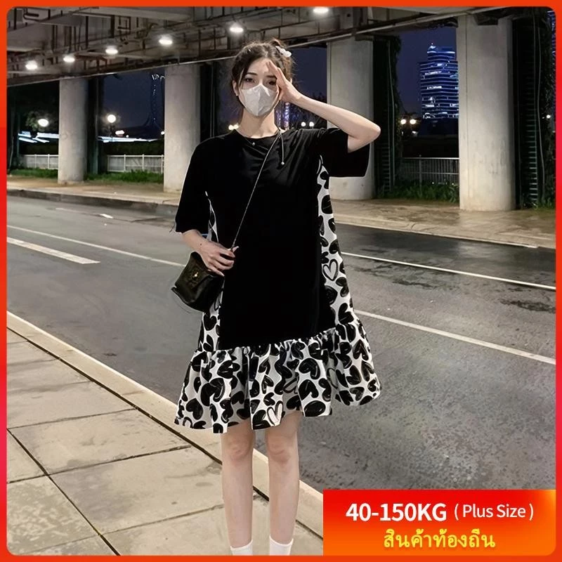 【Oversize Dress】(40-150 กก.) แขนสั้น พลัสไซส์ มินิเดรส ทรงเอ ลายดอกไม้ ประกบ หลวม เดรสแฟชั่นเกาหลี Plus Size Dress