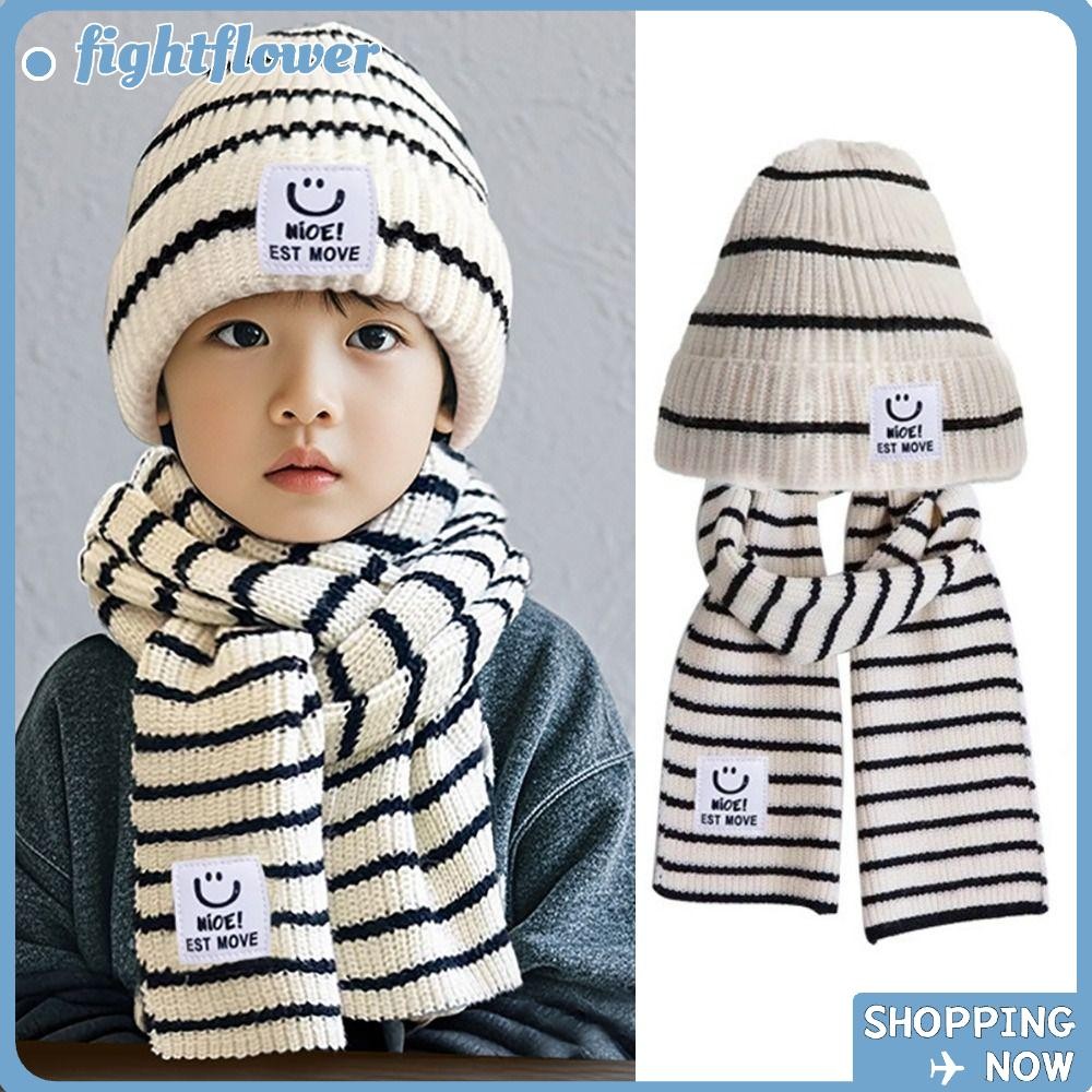 Fight Children Beanies ถักสีดําสีขาว ​​หมวกอุ่นเด็ก ชุดผ้าพันคอหมวกนุ่มกันหนาวสําหรับเด็กผู้ชาย/ผู้หญิง