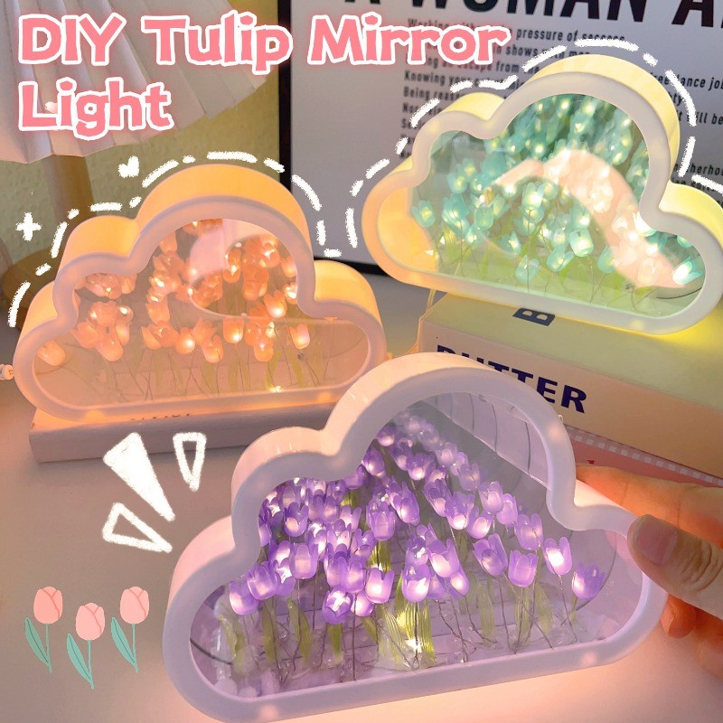 Diy Cloud Tulip LED Nightlight – โคมไฟกระจกเดสก์ท็อปตกแต่งสร้างสรรค์ – ไฟข้างเตียงของขวัญวันเกิดสาว – โปรปัง