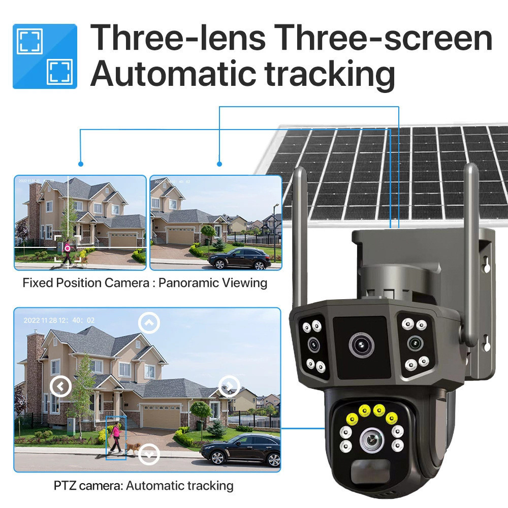 พร้อมส่ง V380 Pro 4G Camera 12MP 6K 18LED Solar Cell กล้องวงจรปิดใส่ซิม-ไวไฟ โซลาร์เซลล์ 12ล้านพิกเซล กล้อง2เลนส์3จอ