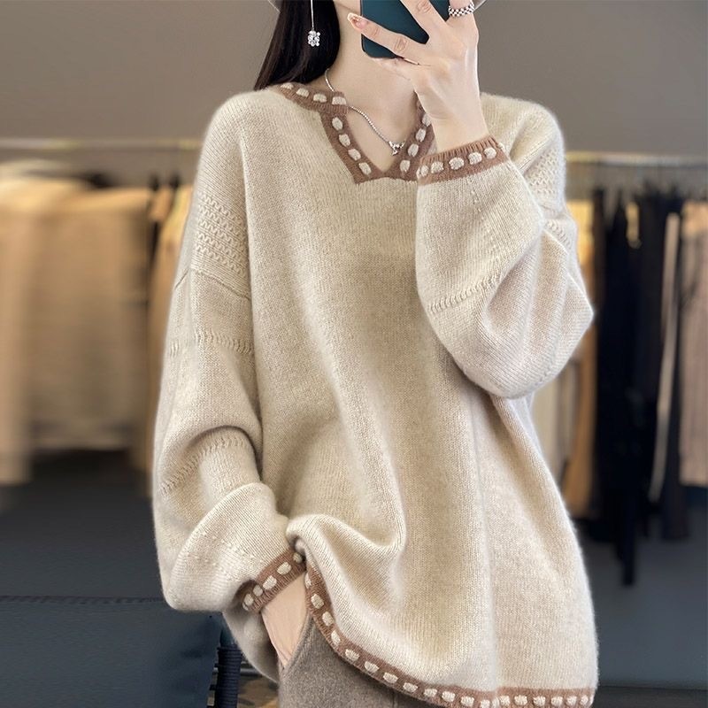 เสื้อสเวตเตอร์คอวีสีตัดกันผู้หญิงสไตล์เกาหลีขี้เกียจหลวมกระชับสัดส่วนด้านนอกสวมแขนยาวอารมณ์ TOP