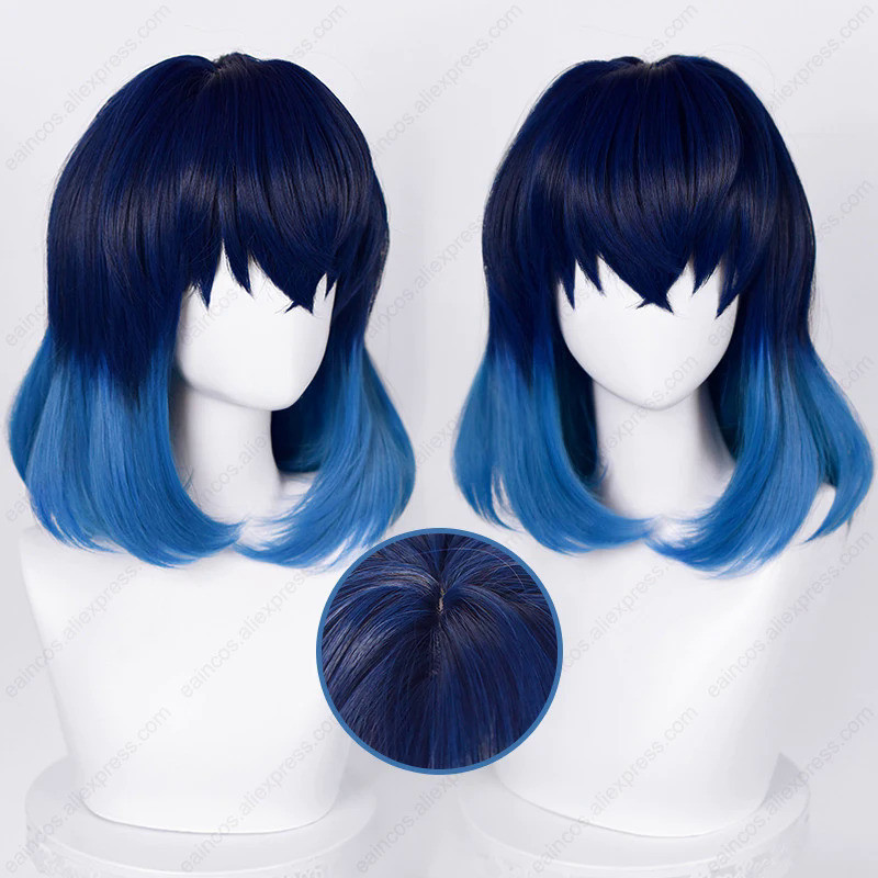Anime Hashibira Inosuke Cosplay Wig 40cm Blue Mixed Color Short Wigs Heat Resistant Synthetic Hair