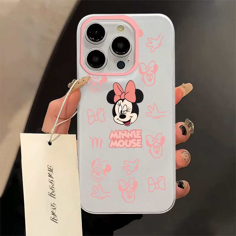 มิกกี้สีชมพูiPhone 15 14 13เคไอโฟน11 12 ProMax 7 8Plus X XSMax XRโชคดีเคสโทรศัพท์มือถืออะคริลิคใสกันกระแท