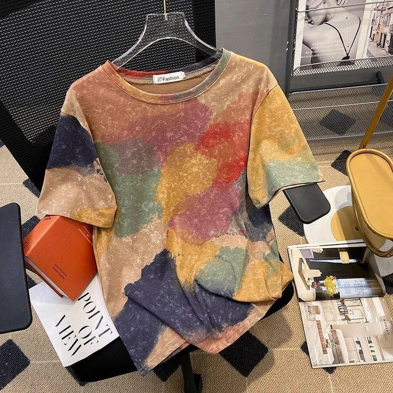 เสื้อยืดแขนสั้นมัดย้อมไซส์ใหญ่พิเศษ100-150กก. ชายหญิงรุ่นใหม่ฤดูร้อนเสื้อแขนสั้นทรงหลวมลำลอง