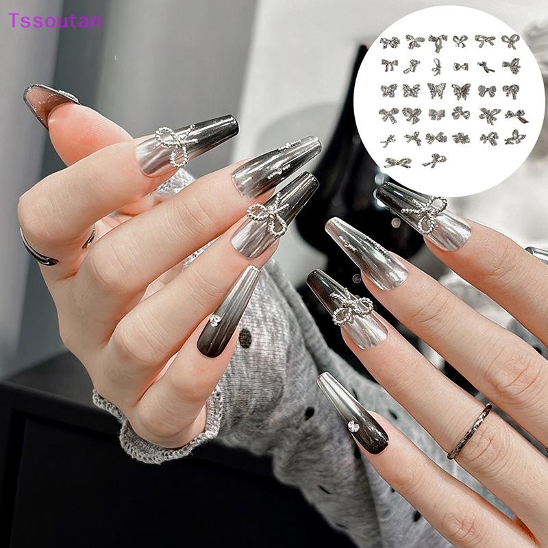 [TSST] 10pcs Simple Thin Bowknot Bow Tie Silver Twisted Alloy Nail Art Rhinestones ตกแต่งเล็บ Ch TAN