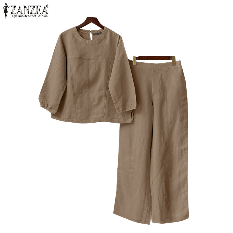 ZANZEA ซานเซีย ผู้หญิงเกาหลีลําลองคอลูกเรือสีทึบแขนสามในสี่ชุดสองชิ้น